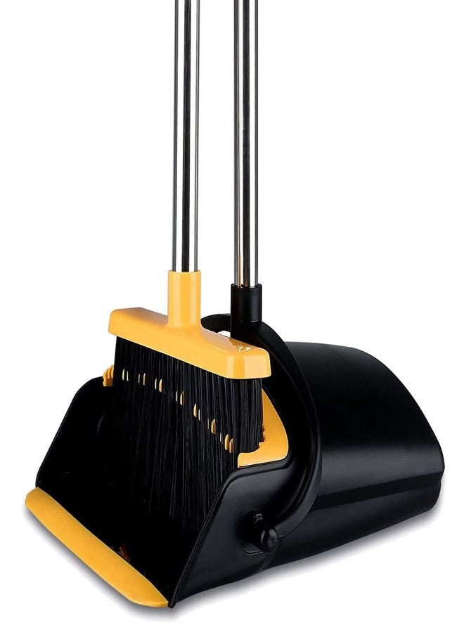 Tiumso Broom and Dustpan [2019 Version] Tiumso Dust pan Broom Set with Upgrade Combo and Sturdiest Extendable Long Handle,4 Layers Bristles,Upright Standing for Home, Office, Kitchen, Lobby(Black+Yellow) - Image 1